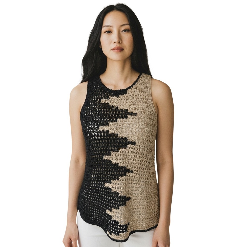 LUCKY Crochet Tank Top M Black‎ Tan Open Button Back Boho Festival Coastal Layer